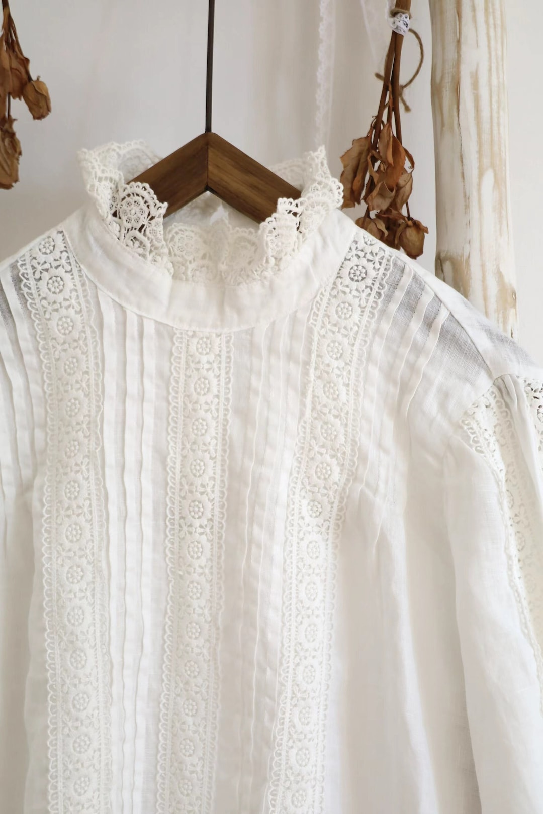Handmade Linen Blouse: Embroidered Lace Long Sleeve Top