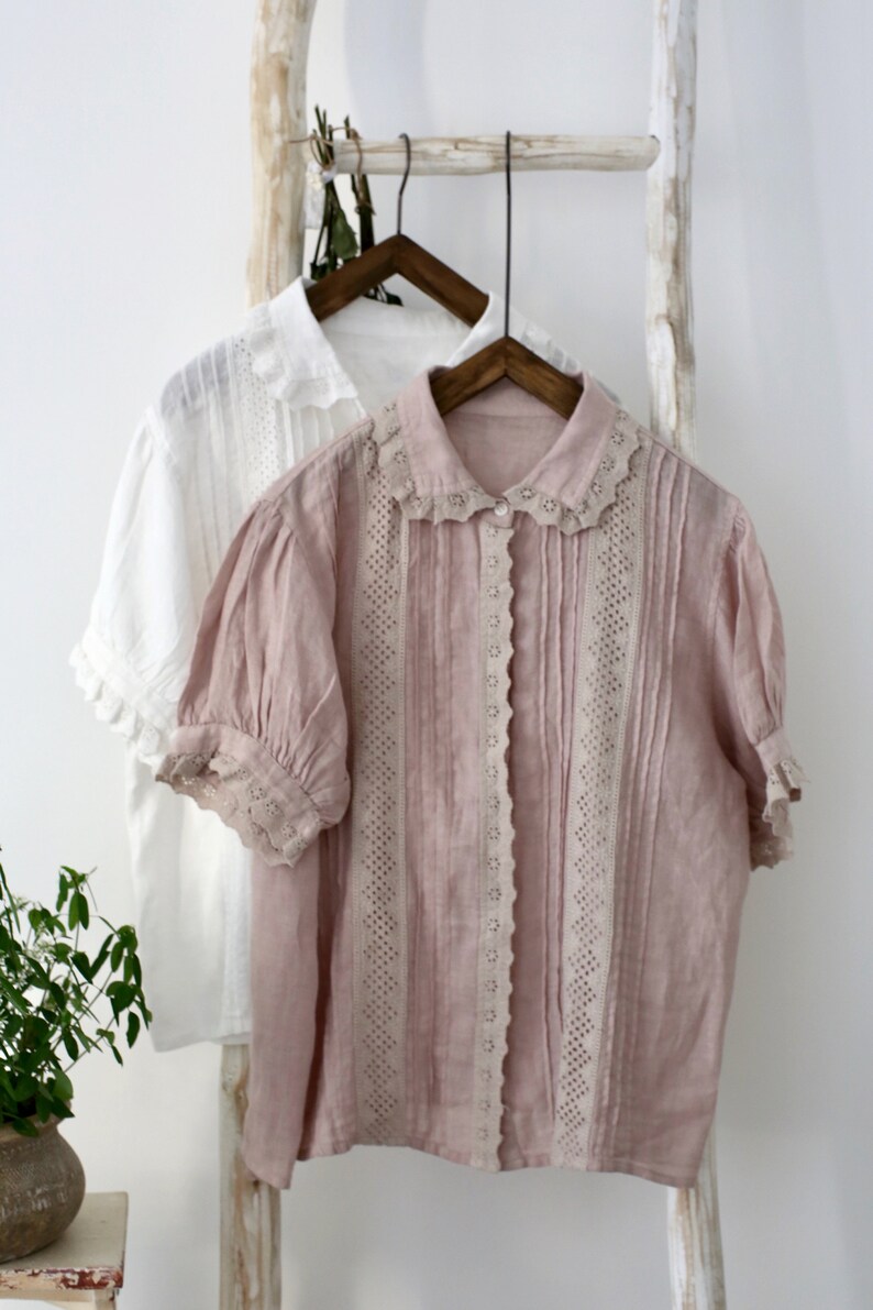 Linen Blouse, Peter Pan Collar, Linen Shirt, Lace Embroidered Blouse