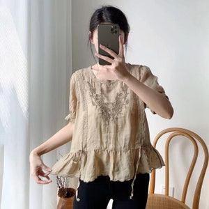 Women Summer Artsy Embroidery 100%Ramie O-Neck Blouse