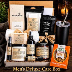 May include: A gift box containing a Moonstruck milk chocolate bar, Serenity Bath & Body Care shower steamers, Gel-Ohh! charcoal jelly spa bath, a black tumbler with a straw, a goat's milk soap, body lotion, room spray, soy candle, and cookies.