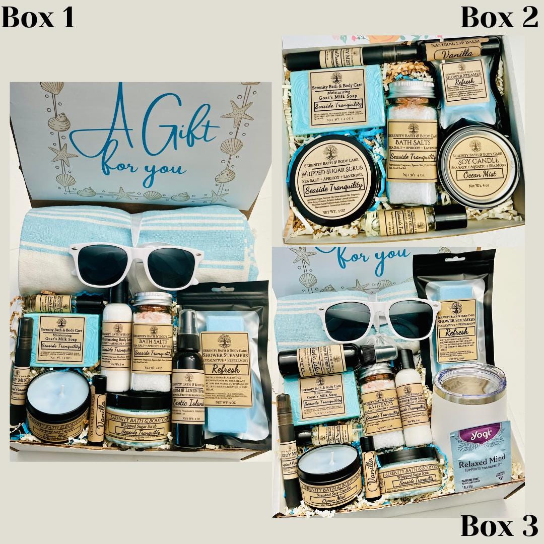 Seaside Tranquility Beach Towel Summer Gift Box, Spa Gift Set for Beach Lovers, Ideal Bridesmaid & Honeymoon Gift, Birthday Gift for Her