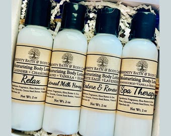 Geschenkdoos bodylotion – kies 4 geuren, gepersonaliseerde zelfzorgcadeauset, kuuroordcadeau, vochtinbrengende lotion, kerstcadeau voor haar