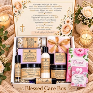 May include: A gift box containing Serenity Bath & Body Care products including lavender eucalyptus bath salts, goat's milk soap, whipped sugar scrub, body lotion, shower steamer, soy candle, vanilla lip balm, body oil, and two devotional books.