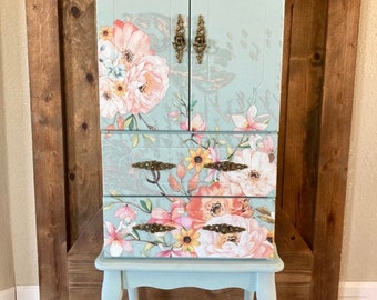 SOLD-example of work do not purchase :) Vintage Painted Custom Floral Lingerie Jewelry Armoire Cabinet