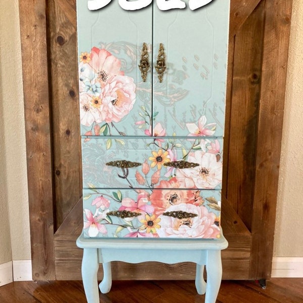 SOLD-example of work do not purchase :) Vintage Painted Custom Floral Lingerie Jewelry Armoire Cabinet