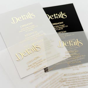 Custom Gold Foil Wedding Details Card • Clear Acrylic or Vellum Information Insert • Modern Design