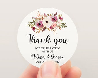 Personalized Floral Wedding Favor Label, Watercolor Burgundy Flowers Label, Bridal Shower Thank You Sticker, Elegant Bouquet.