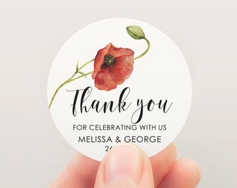 Poppy Flower Wedding Favor Personalized Sticker, Custom Floral Wedding Thank You or Welcome Label, Round Poppies Bridal Shower Sticker.