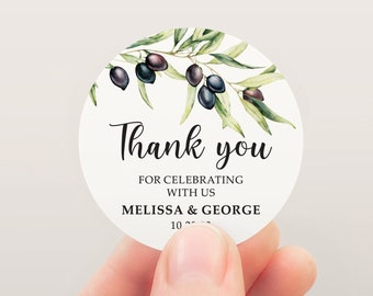 Personalized Olive Tree Wedding Favor Sticker, Watercolor Olive Leaves Thank You Label, Olive Branch Welcome Gift Sticker.