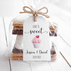 Etichetta per bomboniere di nozze "Love is Sweet", etichetta di ringraziamento per cupcake con acquerello, etichetta regalo di caramelle rosa con cuore, etichetta personalizzata per bomboniere.