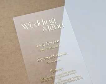 Clear Acrylic Wedding Menu with Gold Foil, Personalized Custom Text Modern Font Menu printed with Gold, Rose Gold, Silver Foil or Black Ink.