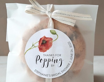 Poppy Flower Personalized Wedding Sticker, Floral Poppies Thank You or Welcome Label, Circle Floral Bridal Shower Label.