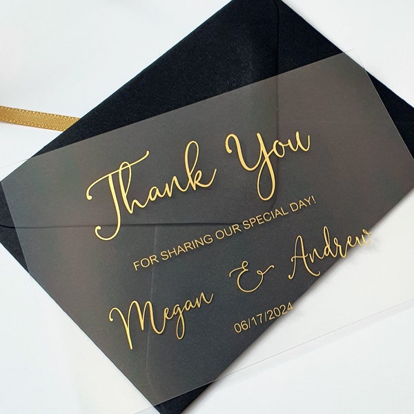 Gold Foil Clear Acrylic Thank You Card & Envelope. Wedding Invitation Insert - Vellum, Black or White Cardstock Thank You Note.