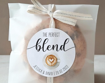 The Perfect Blend Wedding Favor Sticker, Watercolor Coffee with Heart Thank You label, Welcome Gift Bag, Anniversary or Vow Renewal Sticker