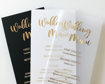 Gold Foil Wedding Menu, Personalized Custom Menu with Calligraphy Font. Vellum, White or Black Card Stock. Gold, Rose Gold or Silver Foil.