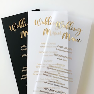 Gold Foil Wedding Menu, Personalized Custom Menu with Calligraphy Font. Vellum, White or Black Card Stock. Gold, Rose Gold or Silver Foil.