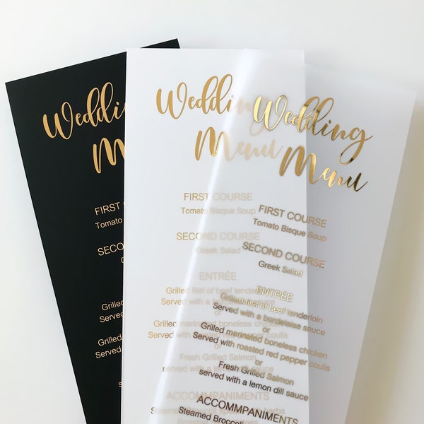 Menu de mariage en feuille d'or, menu personnalisé avec police de calligraphie. Papier vélin, cartonné blanc ou noir. Feuille d'or, d'or rose ou d'argent.