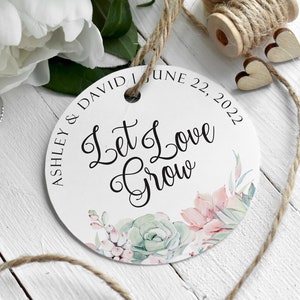 Etichetta per bomboniere di nozze Let Love Grow con fiori succulenti acquerellati, etichetta di ringraziamento con giardino botanico, etichetta per sacchetto regalo di benvenuto o etichetta per barattolo di caramelle.