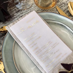Goldfolien-Hochzeits-Menü mit Kalligraphie-Schrift und Herz. Benutzerdefiniertes Menü Gedruckt auf Pergament, Weiß oder Schwarz Karton, Roségold, Silber