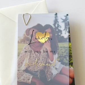 Goldfolie Pergamin werden Sie meine Brautjungfer sein Personalisierte Karte mit Herz, Fotorückseite und Unterschrift, Trauzeugin einladen.