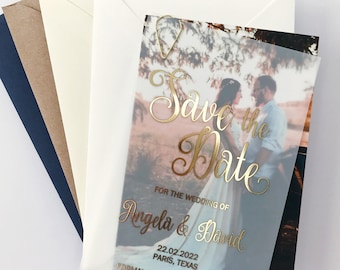 Vellum Save the Date Photo Card & Envelope. Transparent Gold Foil Card, Unique Wedding Couple&#39;s Photo Invite: Silver, Rose Gold or Black.