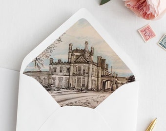 Custom Wedding Venue Envelope Liner • Personalized Invitation Envelopes • Venue Illustration or Landscape Photo