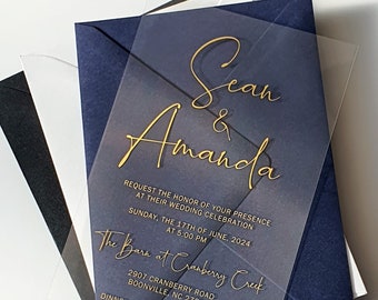Clean Simple Clear Acrylic Wedding Invitation • Transparent Acrylic Invite with Foil