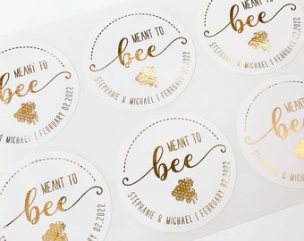Honeycomb Gold Foil Wedding Favor Sticker. Luxury "Meant to Bee" Label. Gold, Rose Gold, Silver, Holographic Foil or Black Ink.