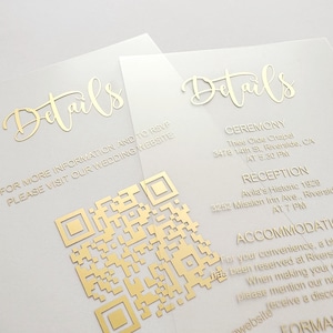 Spersonalizowana karta ze szczegółami ślubu • Wkładka informacyjna ze złotej folii • Przezroczysty akryl lub pergamin • Kod QR