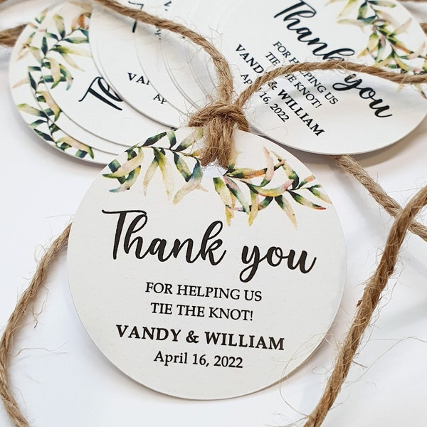 Greenery Wedding Favor Tag Personalized, Floral Thank You Tag, Welcome Gift Label with Green Tree Leaves, Round Floral Bridal Shower Favor.