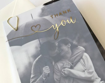 Carte de remerciement de mariage en feuille d'or avec support photo. Carte en couches givrée semi-transparente - Or rose, argent, or, noir
