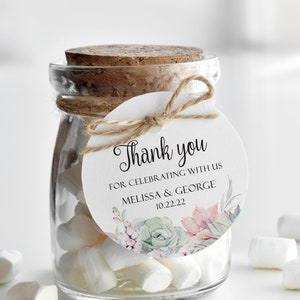 Etiqueta de recuerdo de boda con suculentas de acuarela, etiqueta de agradecimiento con vegetación y flores, etiqueta de bienvenida para bolsa de regalo o tarro de dulces, para aniversario o renovación de votos.