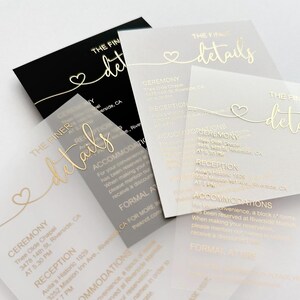 Gold Foil Personalized Wedding Details Card • Clear Acrylic, Vellum or Cardstock Info Card