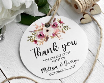 Floral Wedding Favor Tag Personalized, Watercolor Burgundy Flowers Thank You Tag, Personalized Bridal Shower Gift Label, Round Wedding Favor