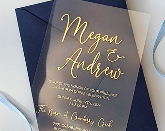Clear Acrylic Wedding Invitation with Gold Foil. Luxury Invite with Rose Gold, Silver or Holographic Foil