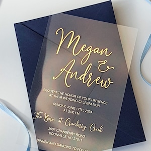 Invitación de boda de acrílico transparente con lámina dorada. Invitación de lujo con lámina de oro rosa o plata