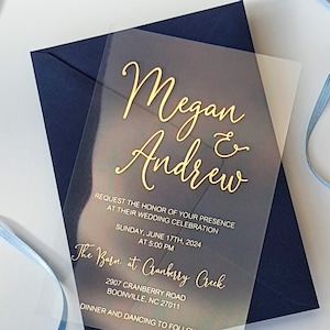 Faire-part de mariage en acrylique transparent avec feuille d'or. Invitation de luxe avec feuille d'or rose, d'argent ou holographique image 1