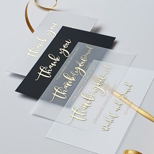 Gold Foil Vellum Thank You Card & Envelope. Wedding Invitation Insert - Vellum, Black or White Cardstock, Clear Acrylic Thank You Note.