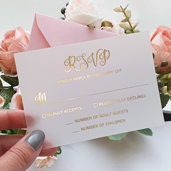 Gold Foil Vellum RSVP Card & Envelope. Wedding Invitation Reply Insert - Clear Acrylic, Black or White Cardstock, Rose Gold, Silver or Holo.