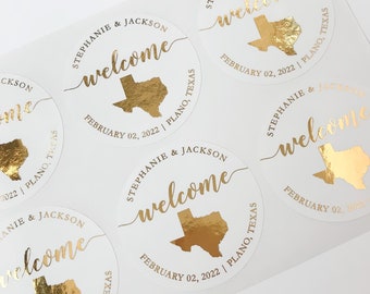 Bienvenue sur l'autocollant de faveur de mariage en feuille d'or du Texas. N’importe quelle étiquette de sac de bienvenue de carte d’état. Alabama, Indiana, Nebraska, New Jersey, Oklahoma, Géorgie