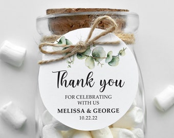 Watercolor Eucalyptus Wedding Favor Tag, Round Greenery Thank You Label, Personalized Names & Date