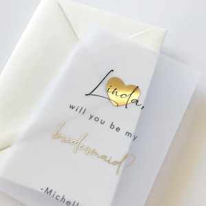 Pedido de casamento com folha de ouro "Você será minha madrinha de casamento", cartão de velino personalizado com coração para madrinha de honra, florista ou qualquer outra função.