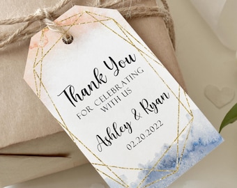 Geometry Frame Wedding Favor Tag, Abstract Watercolor Thank You Tag, Gold Glitter Gift Label, Anniversary or Birthday Personalized Party Tag