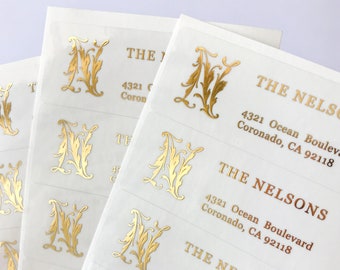 Custom Return Address Label, Gold Foil Personalized Sticker, Family Name Initial, Monogram Mailing Stamp, Wedding Envelope Addressing