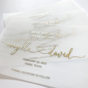 Luxus Goldfolie Pergamin Save the Date Karte und Umschlag. Hochzeitseinladung mit Namen des Brautpaars, Silber, Roségold, Schwarz.