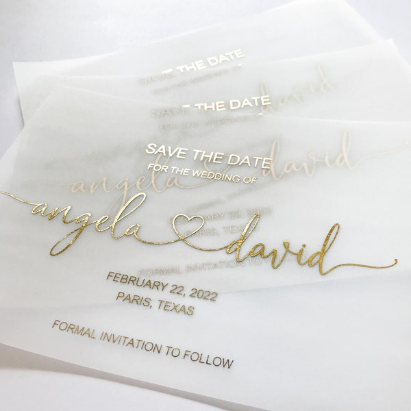 Luxury Gold Foil Vellum Save the Date Card and Envelope. Custom Wedding Invitation with Bride & Groom's name, Silver, Rose Gold, Black.