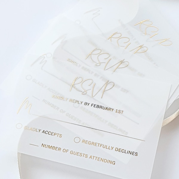 Vellum RSVP Card with Gold Foil and Handwritten Script. Wedding Invitation Response Insert - Clear Acrylic, Black or White Cardstock.