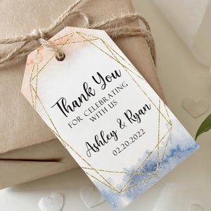Etichetta bomboniera con cornice geometrica, etichetta di ringraziamento con acquerello astratto, etichetta regalo glitter oro, etichetta personalizzata per festa di anniversario o compleanno