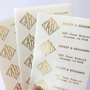 Etiqueta de dirección de retorno con lámina de oro, letras personalizadas con nombres de pareja, calcomanía de envío con monograma, dirección de sobre de boda personalizada