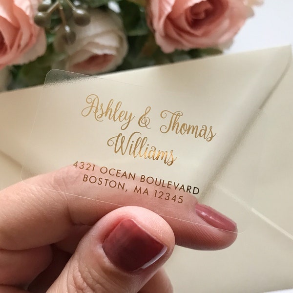 Wedding Invitation Return Address Label, Custom Gold Foil Clear Personalized Sticker, Envelope Addressing Mailing Stamp, Rose Gold, Silver